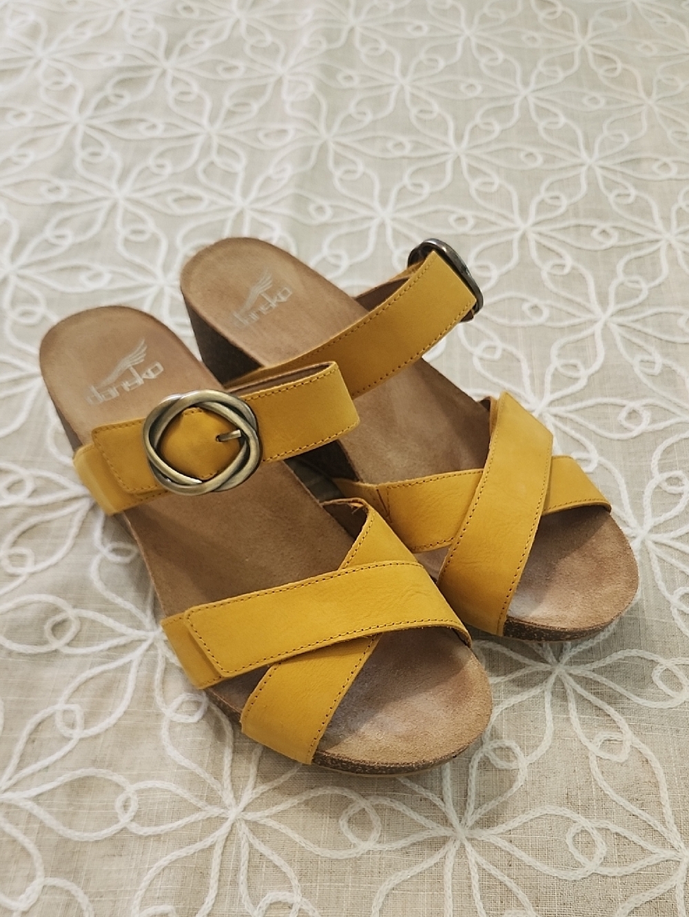 Dansko Yellow Leather Crossover Wedge Slide Sandals with Buckle